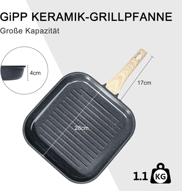 GiPP Grillpfanne 28 x 28 cm, Steakpfanne, Grillpfanne Induktion Aluguss mit Granit-Antihaftbeschicht