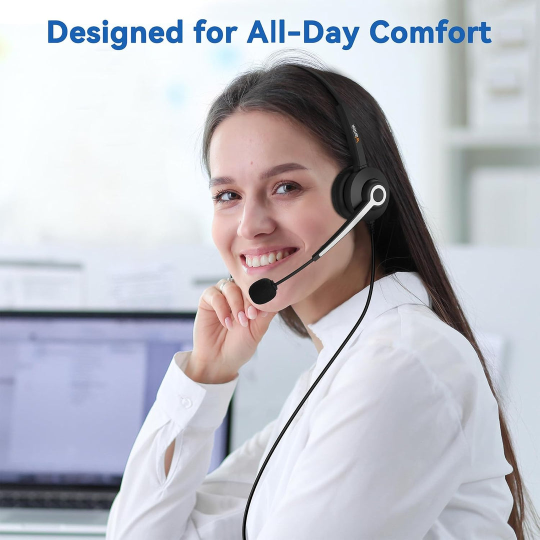 Wantek Telefon Headset Mono mit Noise Cancelling Mikrofon, Lautstärkeregler, Call Center Kopfhörer f