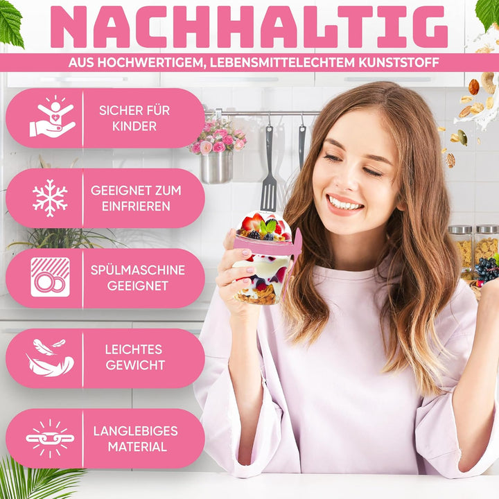 4er Set Müslibecher to go mit Löffel - 500 ML - 2 Kammern Joghurtbecher to go - Praktischer Müsli to