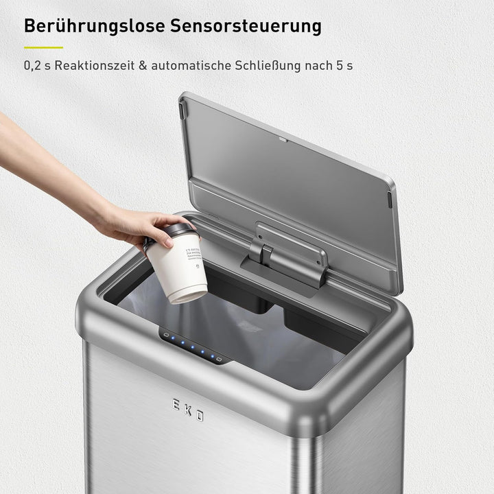 EKO Vintage 50L Mülleimer Sensor, Mülleimer 2 Fächer 32L + 18L, Mattes Edelstahl Küchenabfalleimer,