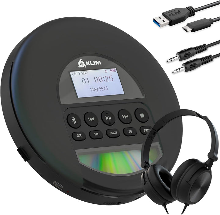 KLIM Nomad - Tragbarer CD-Player Discman mit langlebigem Akku - Inklusive Kopfhörer - Kompatibel mit