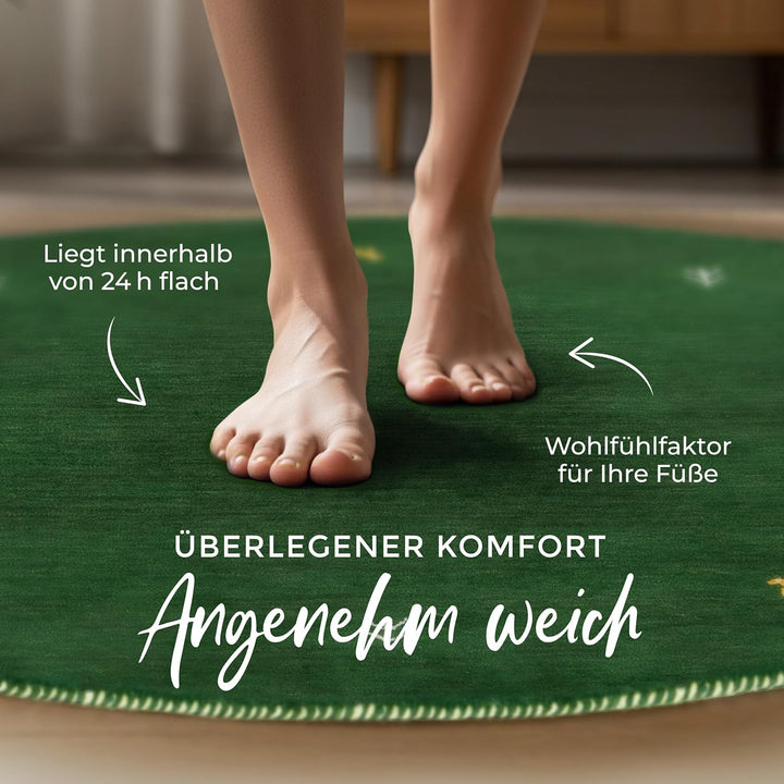 carpetfine Wollteppich Gabbeh Uni Rund Grün Ø 80 | Moderner Teppich für Wohn- und Schlafzimmer Ø 80
