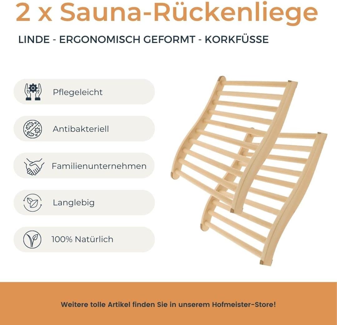2X HOFMEISTER® Sauna Rückenlehne, 51 cm, Linden-Holz für hohe Temperaturen, ergonomisch geformt, rut