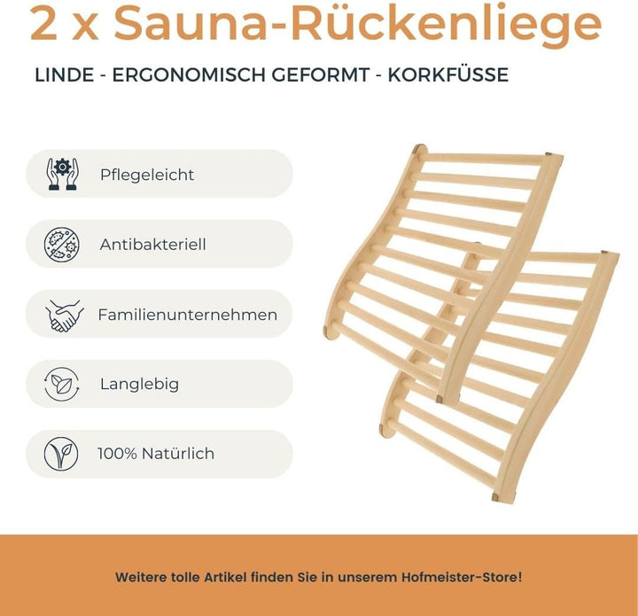 2X HOFMEISTER® Sauna Rückenlehne, 51 cm, Linden-Holz für hohe Temperaturen, ergonomisch geformt, rut