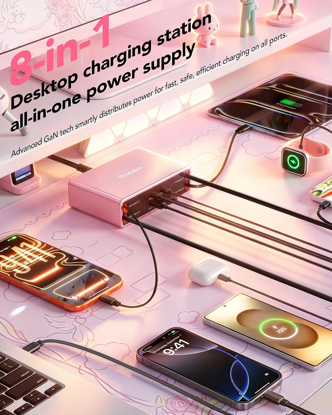 8 in 1 Retractable Charger USB C Ladegerät,105W Ladestation Mehrere Geräte Rosa 65W Kabel für 4 Typ