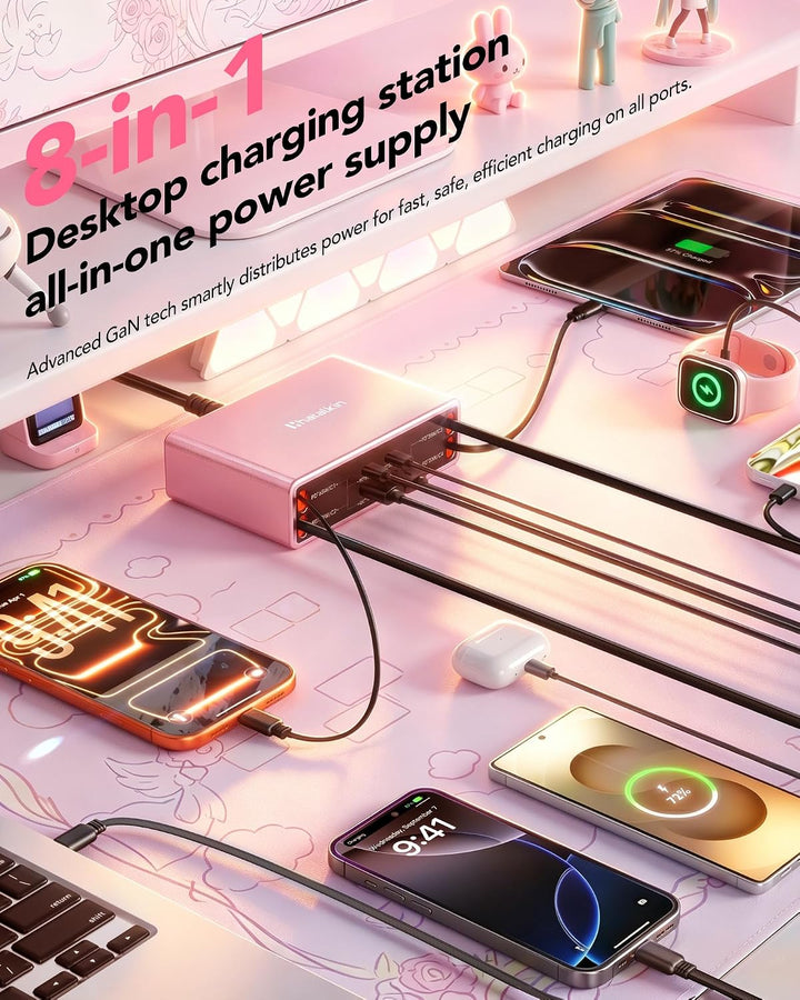 8 in 1 Retractable Charger USB C Ladegerät,105W Ladestation Mehrere Geräte Rosa 65W Kabel für 4 Typ