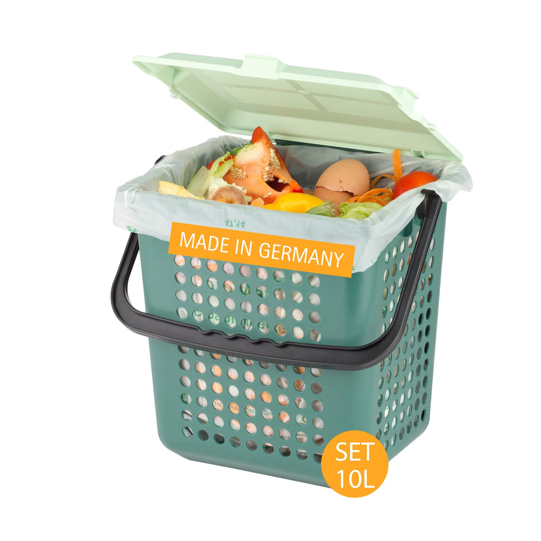bioMat AirBox® Biomülleimer für die Küche, inkl. 10l kompostierbare Biobeutel (52 STK. mit Henkel),