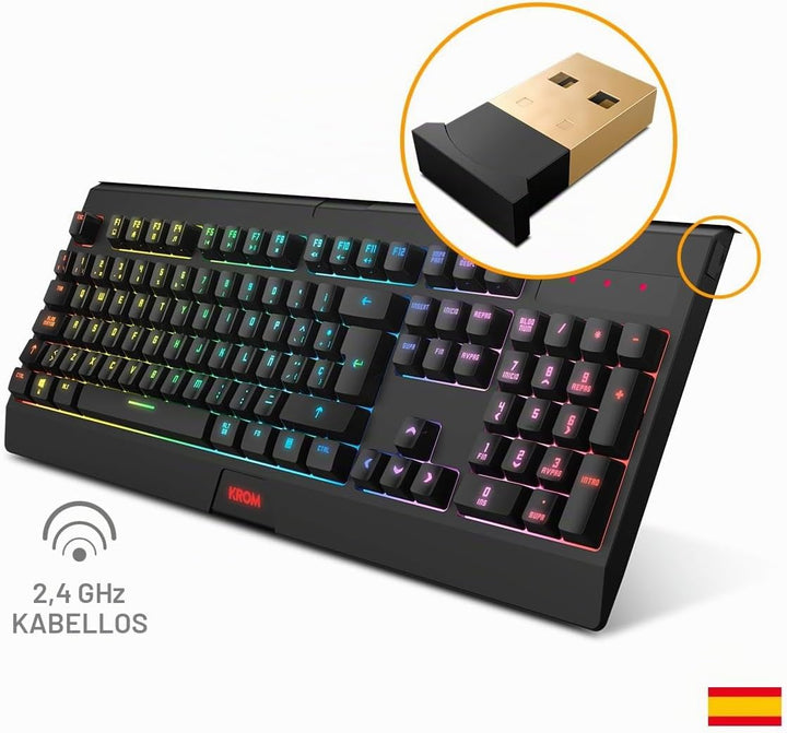 KROM Kabala – Kabelloses Gaming-Set mit Membrantastatur RGB Rainbow, 6 Anti-Ghosting-Tasten, optisch