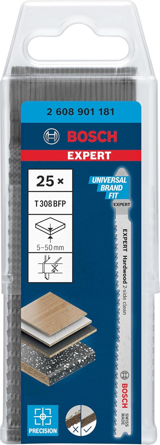 Bosch Professional 25x Stichsägeblatt Expert ‘Hardwood 2-Side Clean’ T 308 BFP (für Küchenarbeitspla