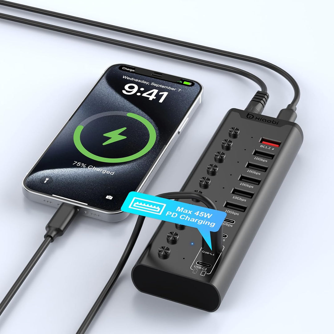 Aktiver USB-Hub, 10-Port USB-C-Hub mit 5X USB-A 3.2 und 2X USB-C 3.2, BC1.2 & 2X PD 45W Ladeports, E