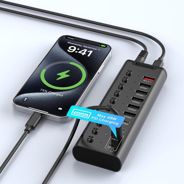 Aktiver USB-Hub, 10-Port USB-C-Hub mit 5X USB-A 3.2 und 2X USB-C 3.2, BC1.2 & 2X PD 45W Ladeports, E