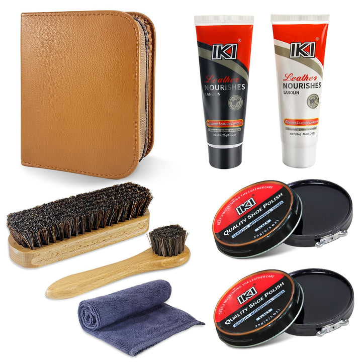 IKI Premium Lederschuhpflegeset - farbloses & schwarzes Lanolin, Schuhwachs, 2 Rosshaarbürsten, Flan