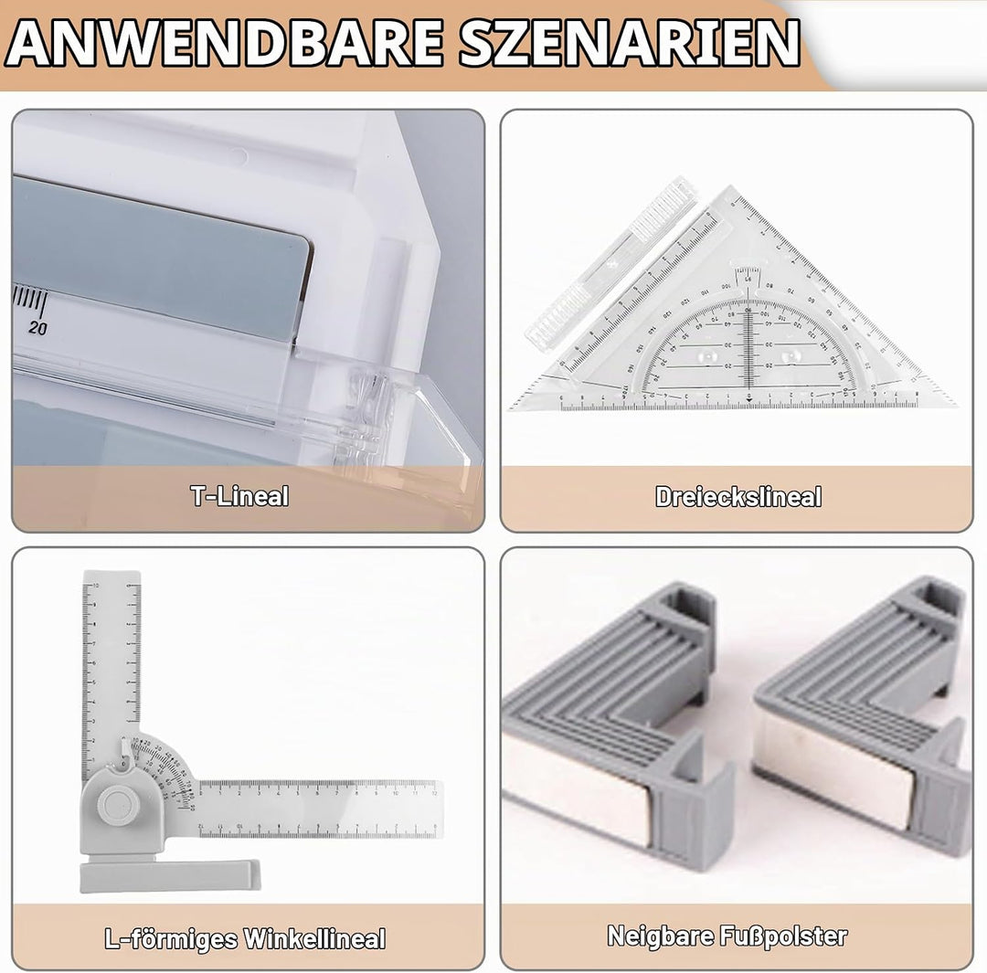 Zeichenbrett A4, DIN Zeichentisch Multifunktionaler Zeichenplatte mit Schiebelineal, Paralleler Bewe