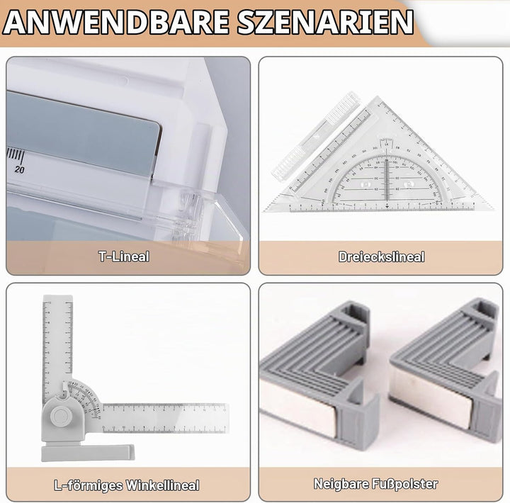 Zeichenbrett A4, DIN Zeichentisch Multifunktionaler Zeichenplatte mit Schiebelineal, Paralleler Bewe