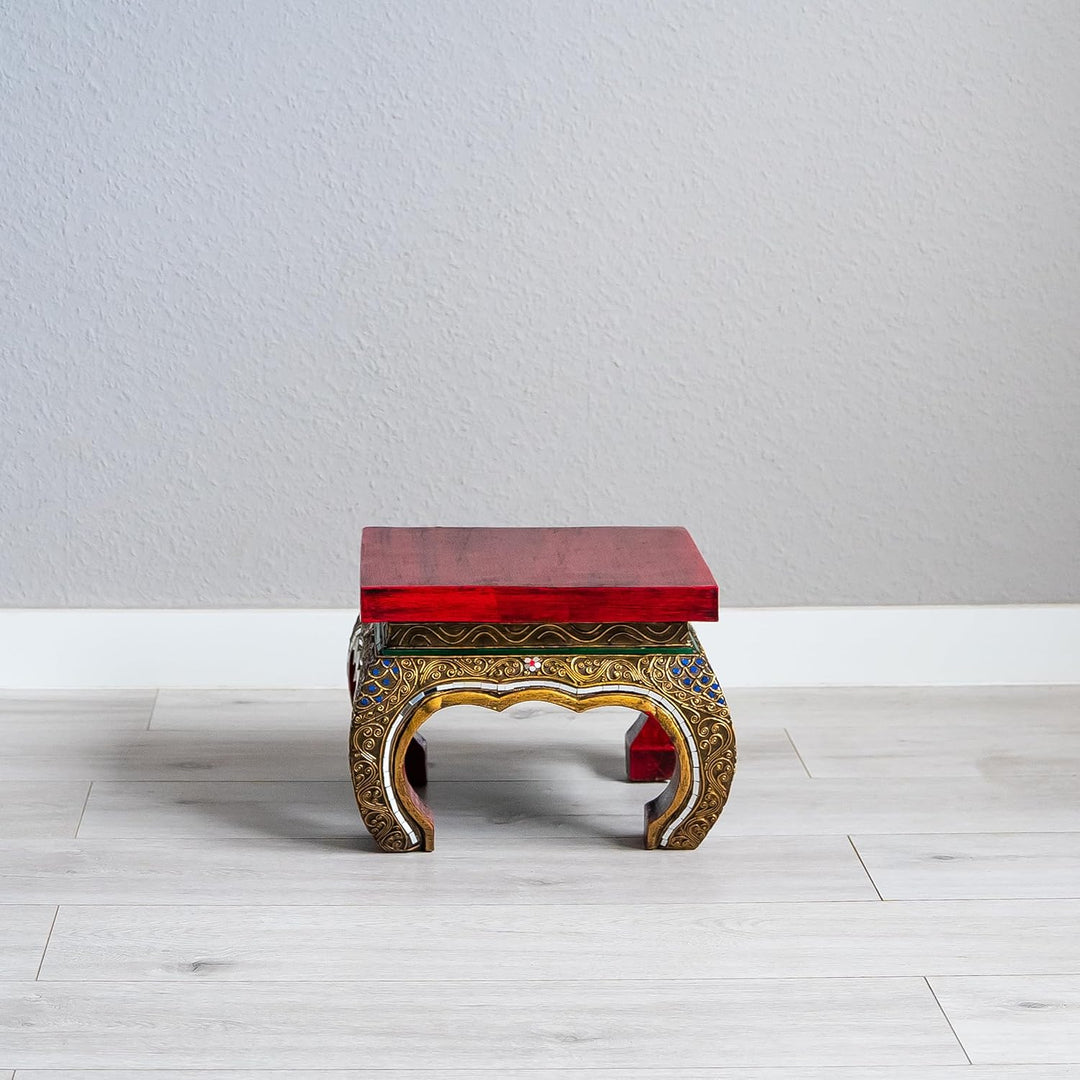 livasia Opiumtisch mit Glasmosaikverzierungen, Beistelltisch aus Holz, Nachttisch, asiatischer Hocke