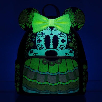 Loungefly Minnie Mouse Dia de los Muertos Sugar Skull Mini-Rucksack, Gelb, Schwarz, Weiss