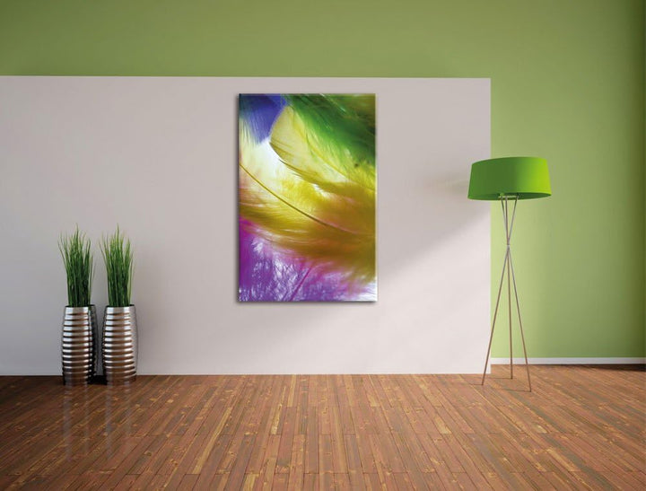 Pixxprint Bunte Federn, Format: 100x70 auf Leinwand, XXL riesige Bilder fertig gerahmt mit Keilrahme