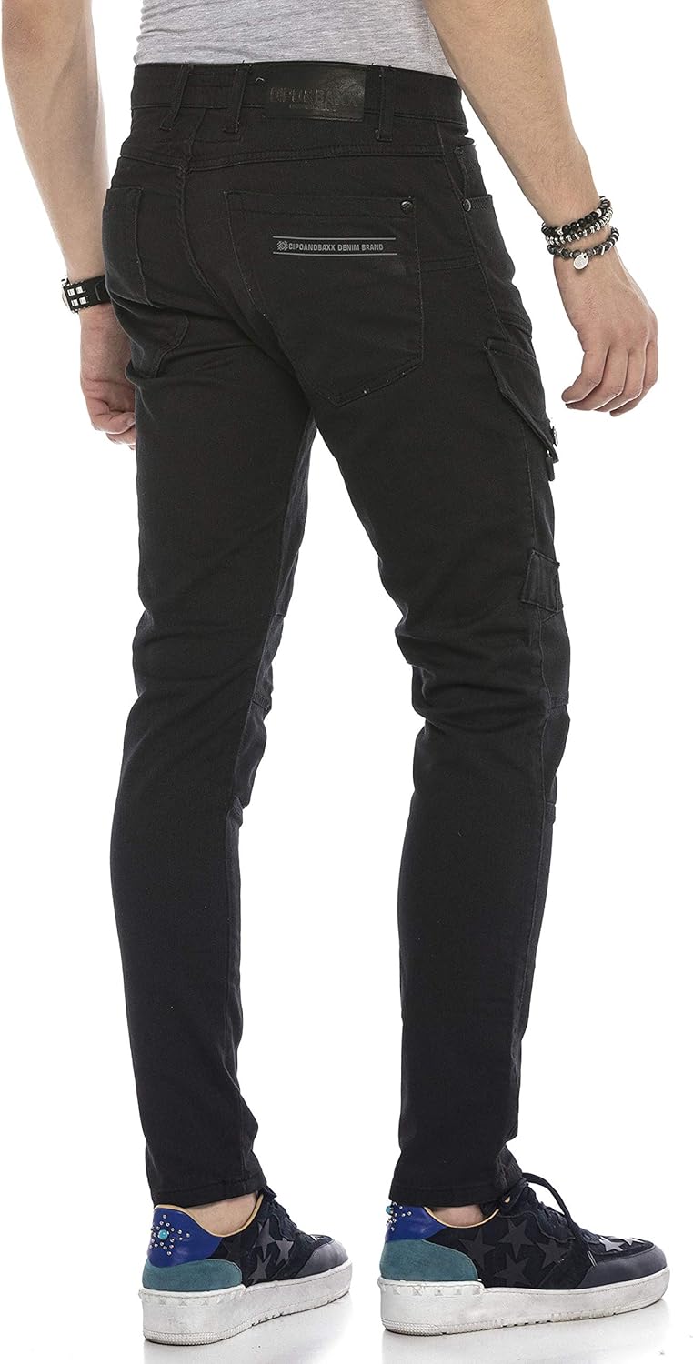Cipo & Baxx Herren Jeanshose Design Cargohose Regular Fit Straght Biker Pants Used Jeans Hose Schwar