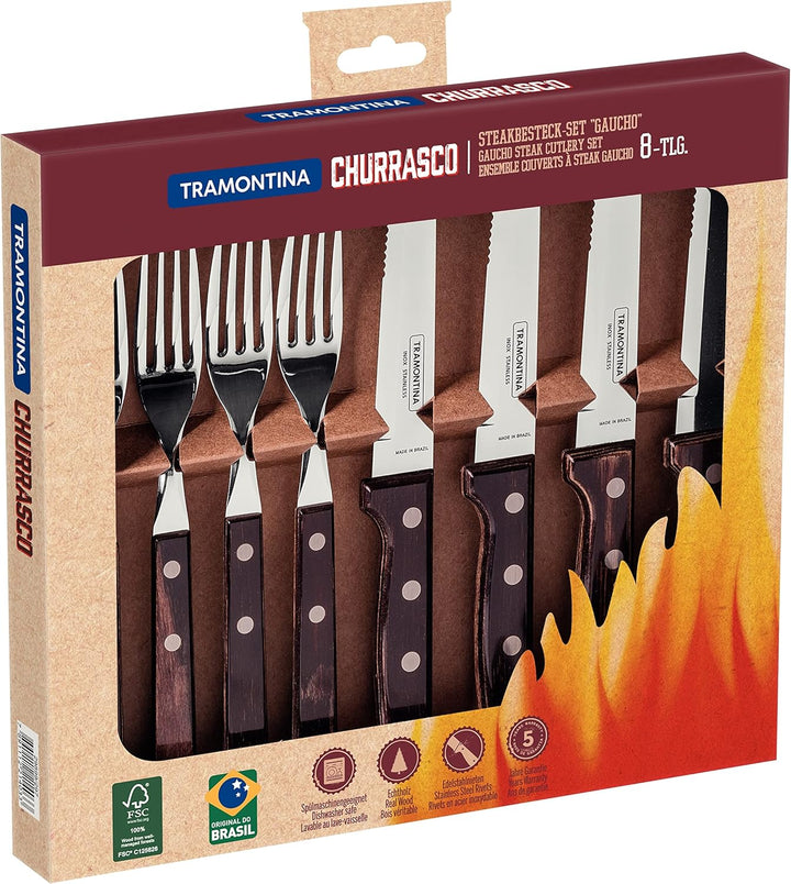 Tramontina Steakbesteck "Gaucho", Set 8-teilig, mit 4 Steakmessern und 4 Steakgabeln, Edelstahl, Ech