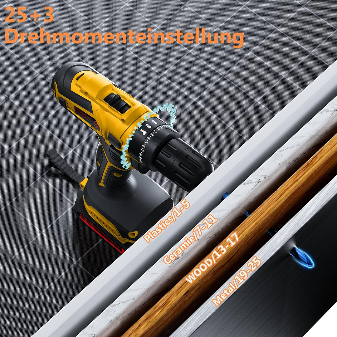 Akkuschrauber, 21V Akku Bohrschrauber Set mit Akku 1×2000mAh 45Nm Drehmoment Max 25+3 Drehmomentstuf