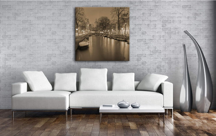 deyoli Kanal in Amsterdam bei Nacht Format: 60x60 Effekt: Sepia als Leinwandbild, Motiv auf Echtholz