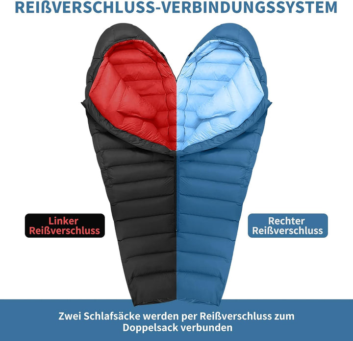 Daunenschlafsack, Winterschlafsack, gefüllt mit 650er Entendaunen. RDS-Zertifiziert. Geeignet für Te