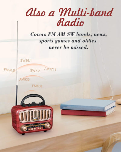 RUNUS J-180 AM/FM/SW Retro Radio mit Bluetooth 5.0, Nostalgie Radio Klein mit 1800mAh Akku, Unterstü