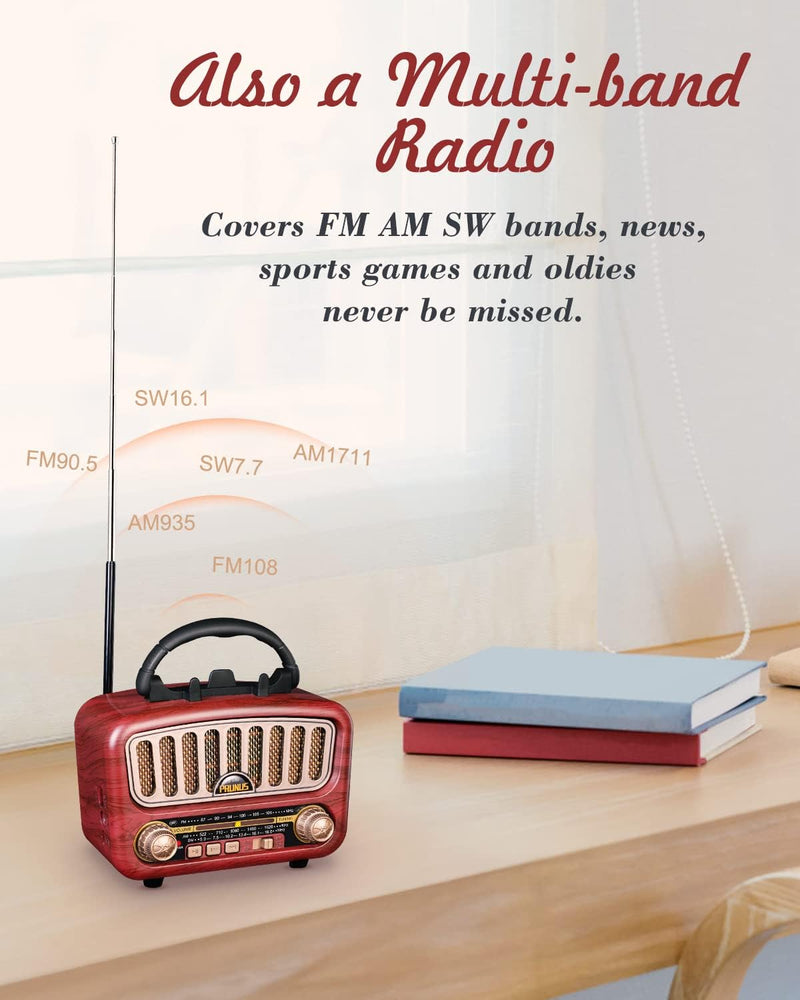 RUNUS J-180 AM/FM/SW Retro Radio mit Bluetooth 5.0, Nostalgie Radio Klein mit 1800mAh Akku, Unterstü