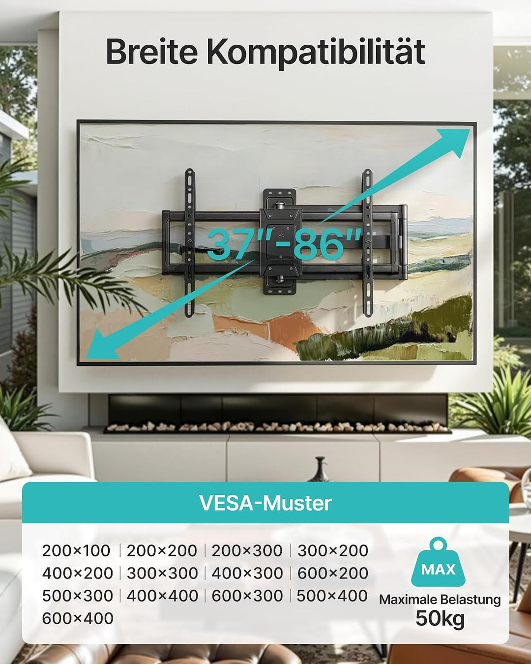 PEGZONE TV Wandhalterung Langarm 86-812mm 37-86" bis 50kg, VESA max.600x400 | Wandhalterung Fernsehe