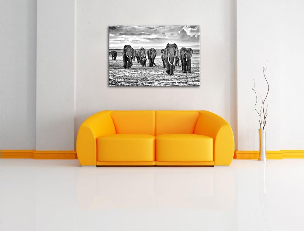 Pixxprint Elefanten Familie in der Savanne Kunst B&W, Format: 100x70 auf Leinwand, 100x70