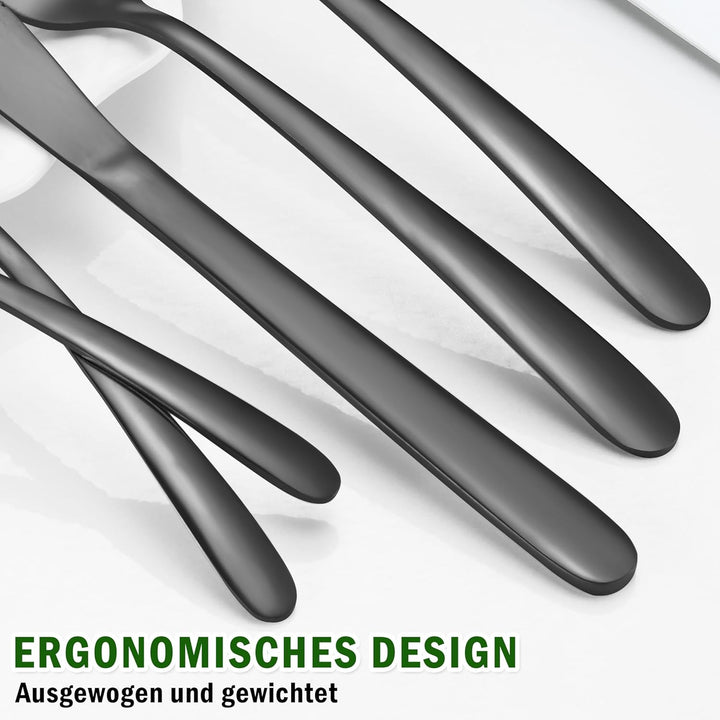 Hunnycook Besteck Set 12 personen, 60 Stück Besteck Schwarz Edelstahl, Schwarzes Besteck mit Gabeln,