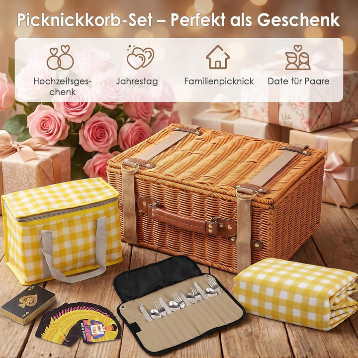 DEWEL Picknickkorb Set,Enthält eine Picknickdecke,eine Kühltasche und Brettspiele sowie Kartenspiele