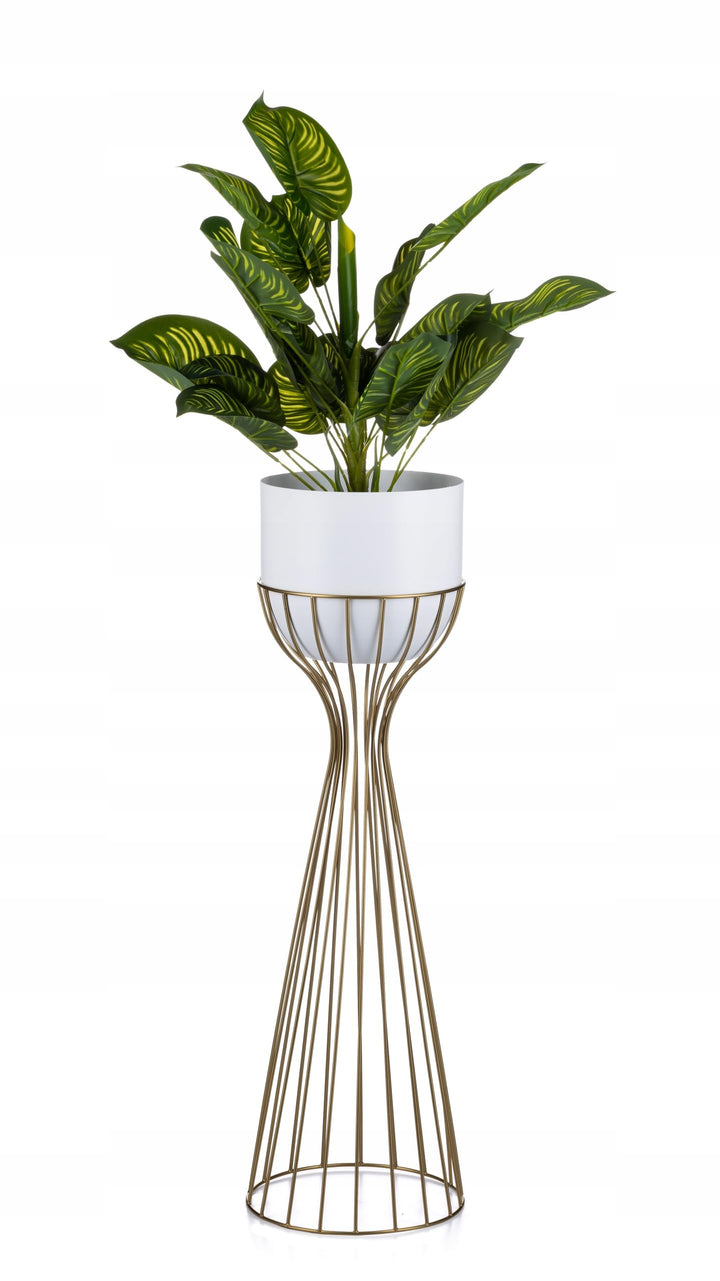 HowHomely Moderne Blumenständer Metall 68 cm Hoch mit Weiss Blumentopf Rund 18 cm Ø auf Robuste Gold