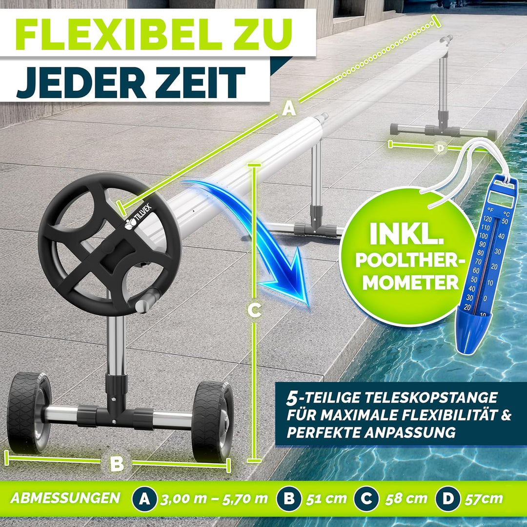 tillvex Pool Aufroller Premium 3-5,70 m mit Vollgummireifen | Aufrollsystem für Solarfolie | Aufroll