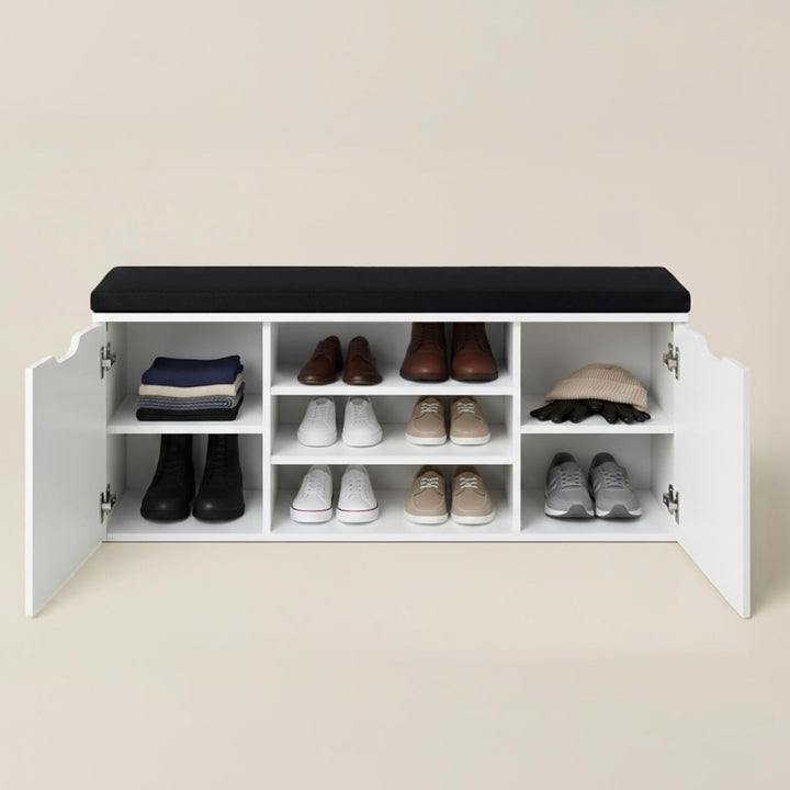 Schuhschrank mit Sitzbank, 103 x 30 x 46 cm, MDF und Polyester Polsterung, Flurbank mit Stauraum, Sc