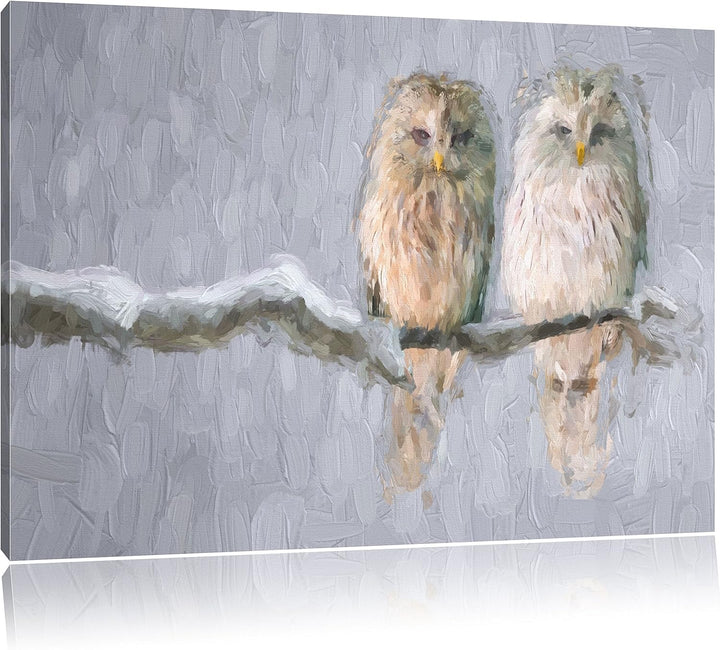 Pixxprint Zwei Eulen in Winterlandschaft Kunst Pinsel Effekt, Format: 100x70 auf Leinwand, 100x70