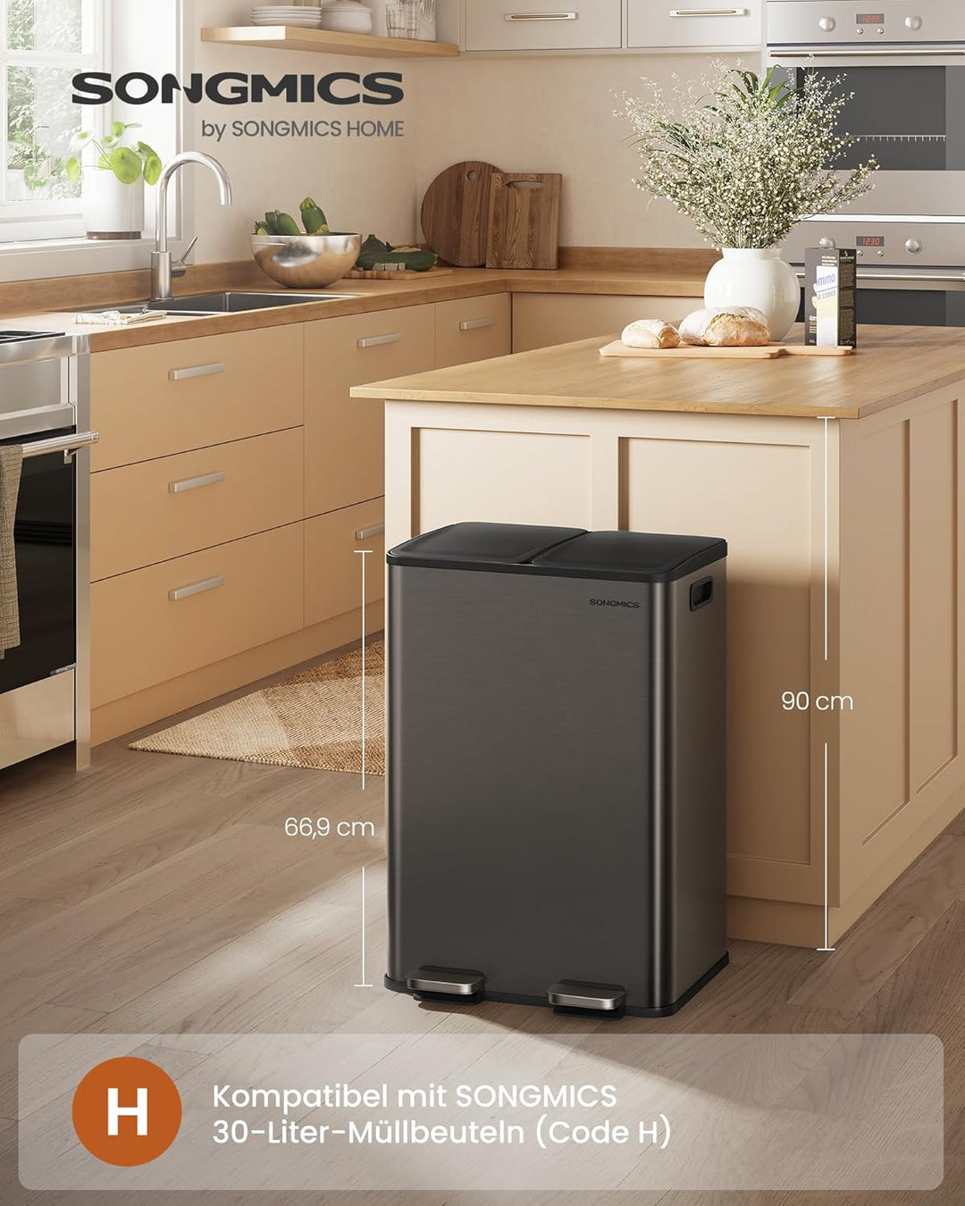 SONGMICS Mülleimer Küche, 2 x 30 Liter, 2 Fächer, Abfalleimer, Tretmülleimer, Küchenmülleimer mit So