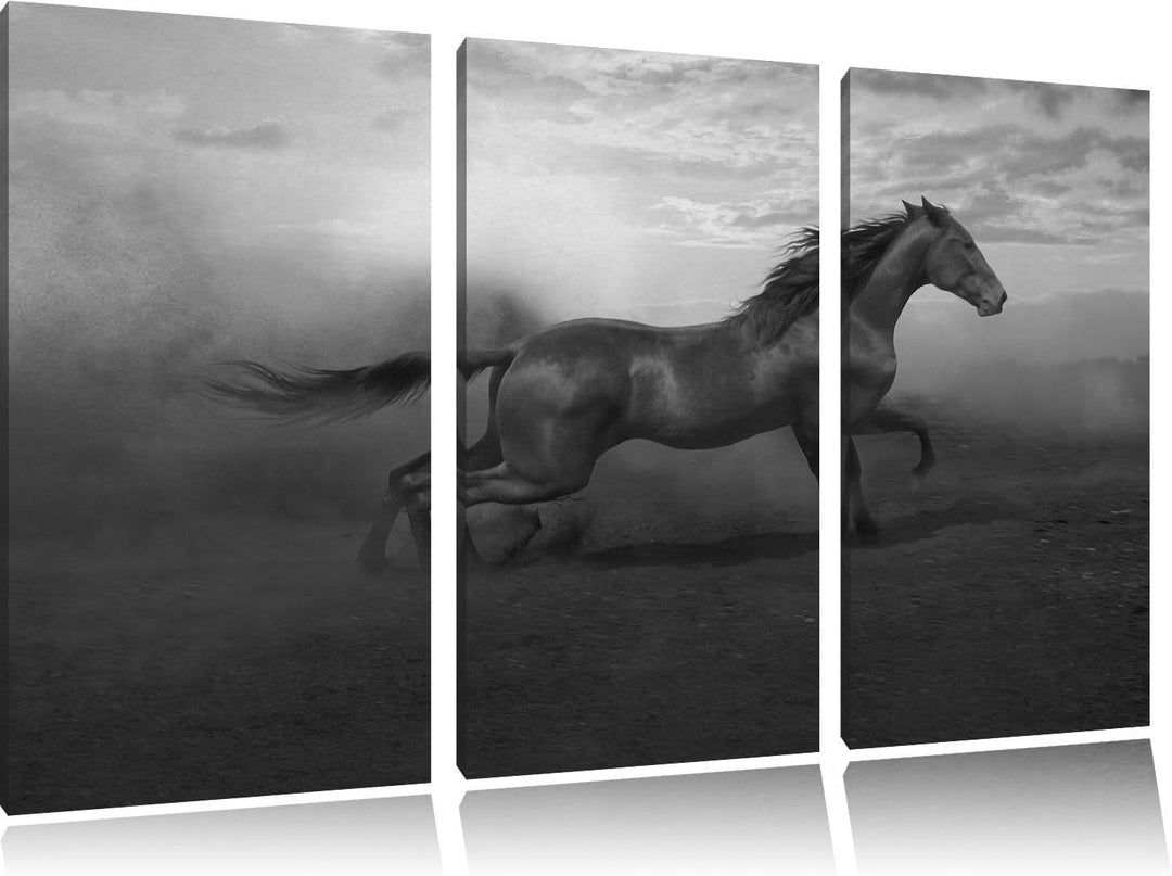 Pixxprint Rennendes Wildpferd Schwarz/Weiss 3-Teiler Leinwandbild 120x80 Bild auf Leinwand