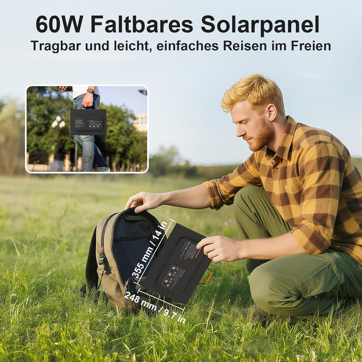 60W Tragbares Solarladegerät mit Ständer, Faltbares Solarpanel mit USB-C, USB-A und DC-Ausgängen, fü