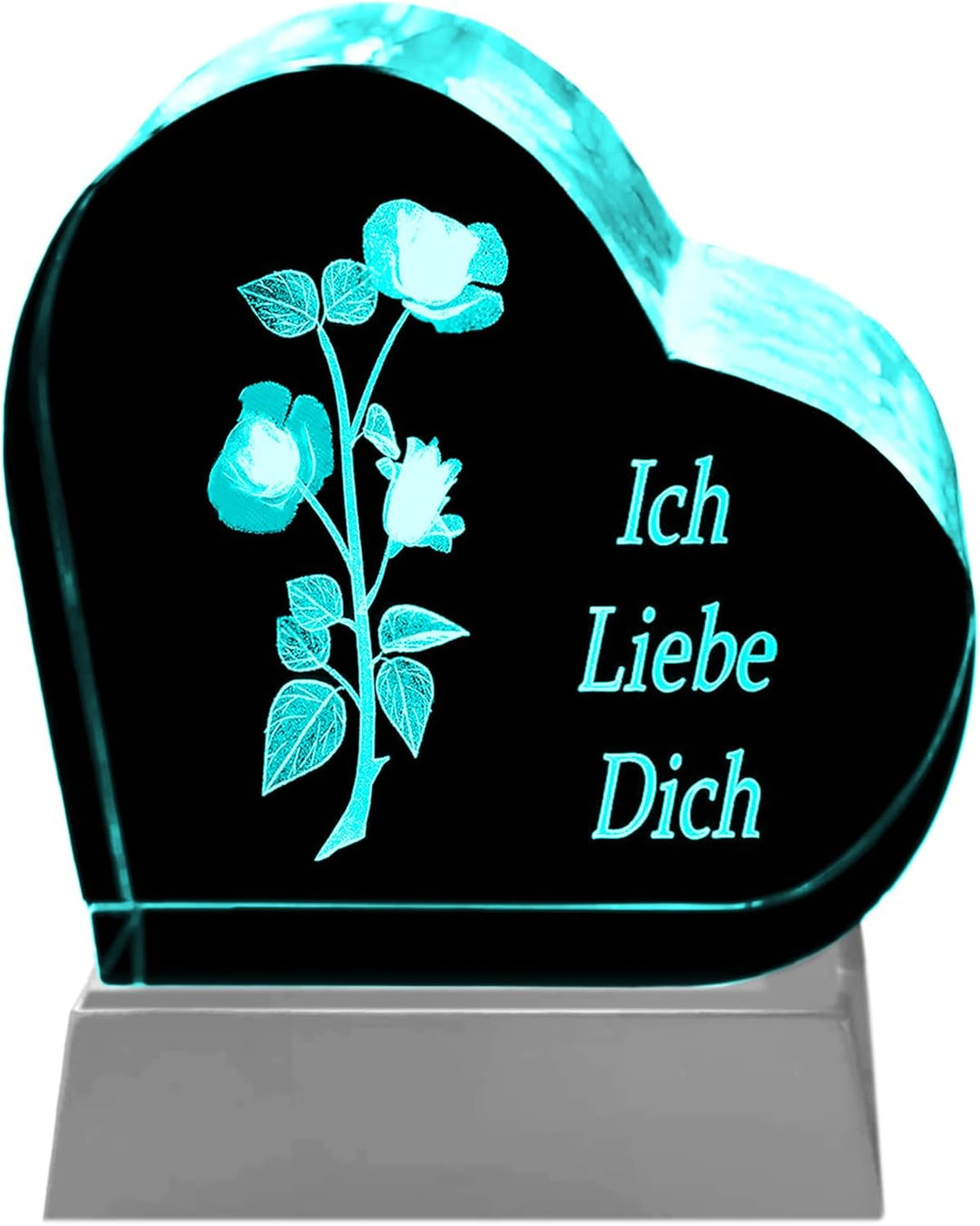 Kaltner Präsente Geschenkidee – Herz aus Glas: Kristallglas mit 3D-Laser-Gravur Rose - Ich Liebe Dic