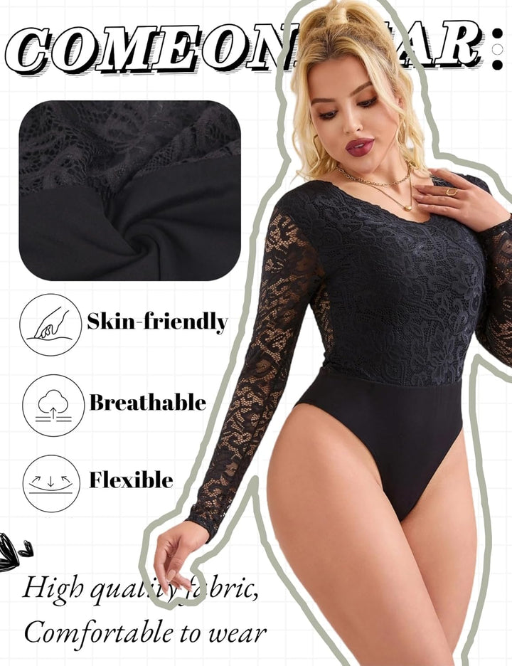 comeondear Sexy Body für Damen Grosse Grössen Langarm Oberteile Spitze V-Ausschnitt Overall Bodysuit