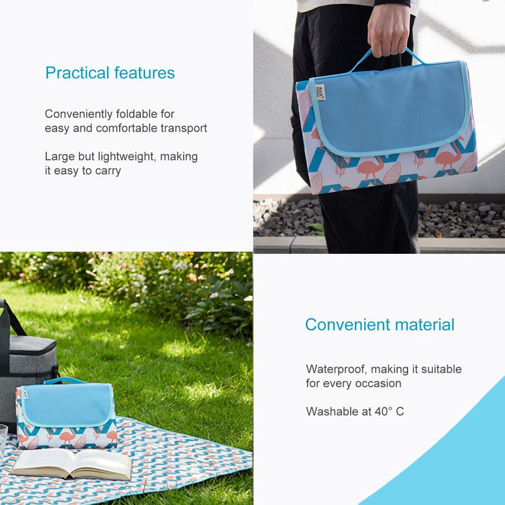 INTIRILIFE Faltbare Picknickdecke im Flamingo Design wasserdicht - Offen 199 x 190 cm - Gefaltet 31.