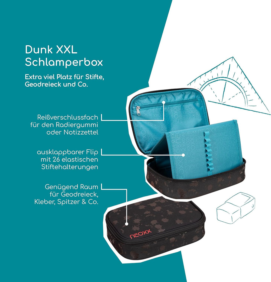 neoxx - Schlamperbox Dunk Splash in Black – Platz für EIN Geodreieck – Stifte Flap mit 26 Stifteschl
