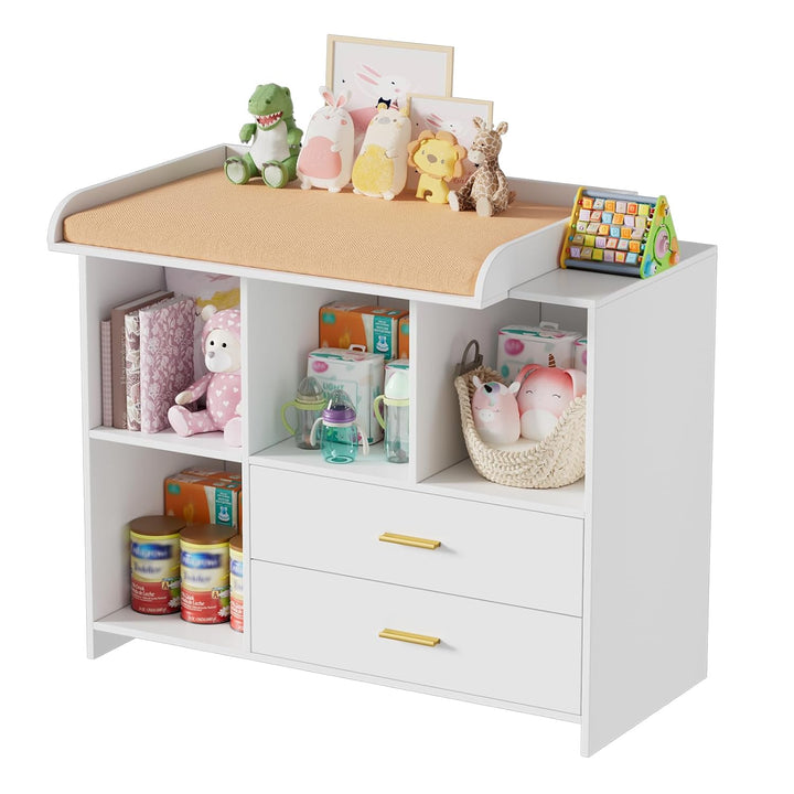 MSFE Wickelkommode Wickeltisch Baby Wickelkommode aus Holz mit abnehmbarem Wickelaufsatz, 2 Schublad