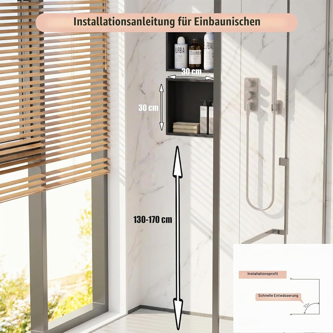 Wandmontierter Duschschrank Schwarz 30x30x10 cm Edelstahl-Duschablage mit unterputziger Basis, geeig