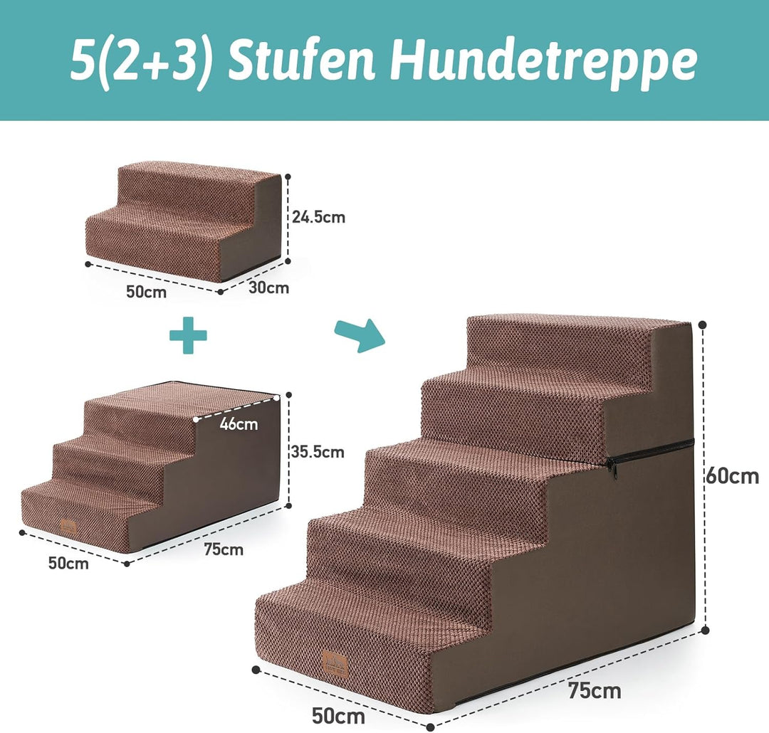 Hundetreppe, 5 Stufen Multifunktionale aus Hochdichtem Schaumstoff für Bett Couch Sofa, 60cm Hoch Ab