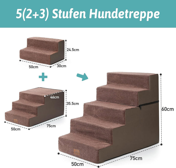 Hundetreppe, 5 Stufen Multifunktionale aus Hochdichtem Schaumstoff für Bett Couch Sofa, 60cm Hoch Ab