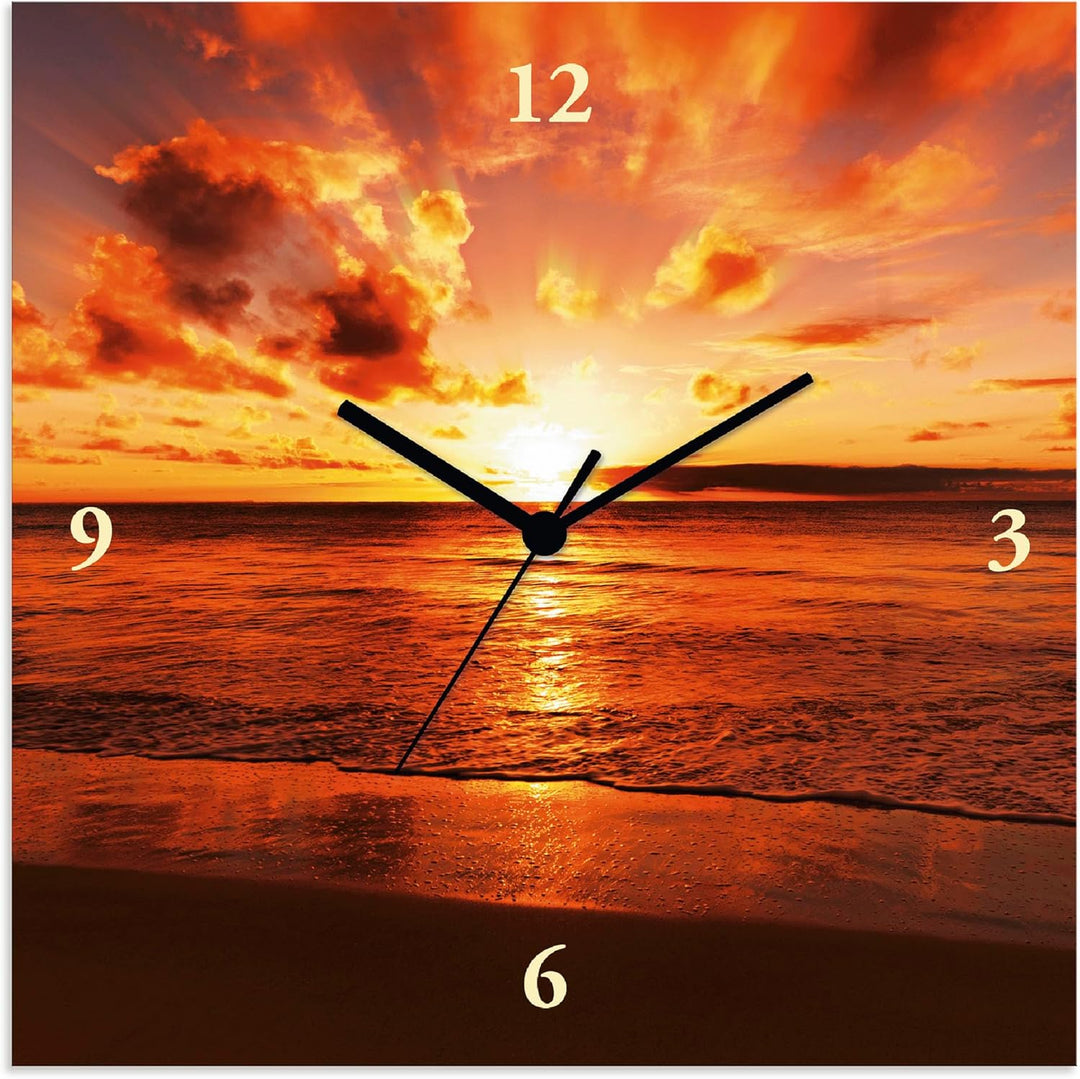 ARTLAND Wanduhr ohne Tickgeräusche Leinwand Quarzuhr 30x30 cm Quadratisch Lautlos Strand Meer Sonnen