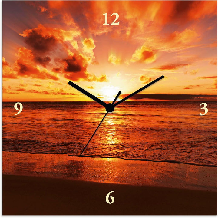 ARTLAND Wanduhr ohne Tickgeräusche Leinwand Quarzuhr 30x30 cm Quadratisch Lautlos Strand Meer Sonnen