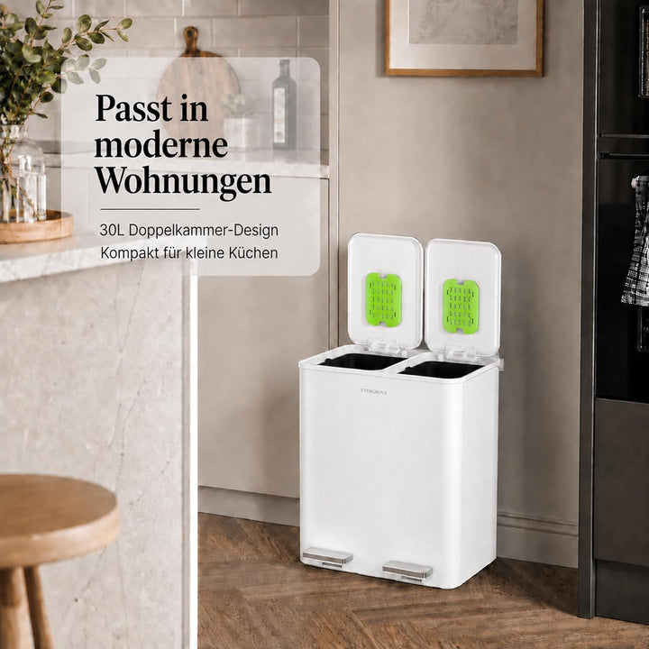 EverGrove 60L Edelstahl-Mülleimer mit Sortierung, zweifach schwarz (Arktisweiss, 30, Liter) 30 liter